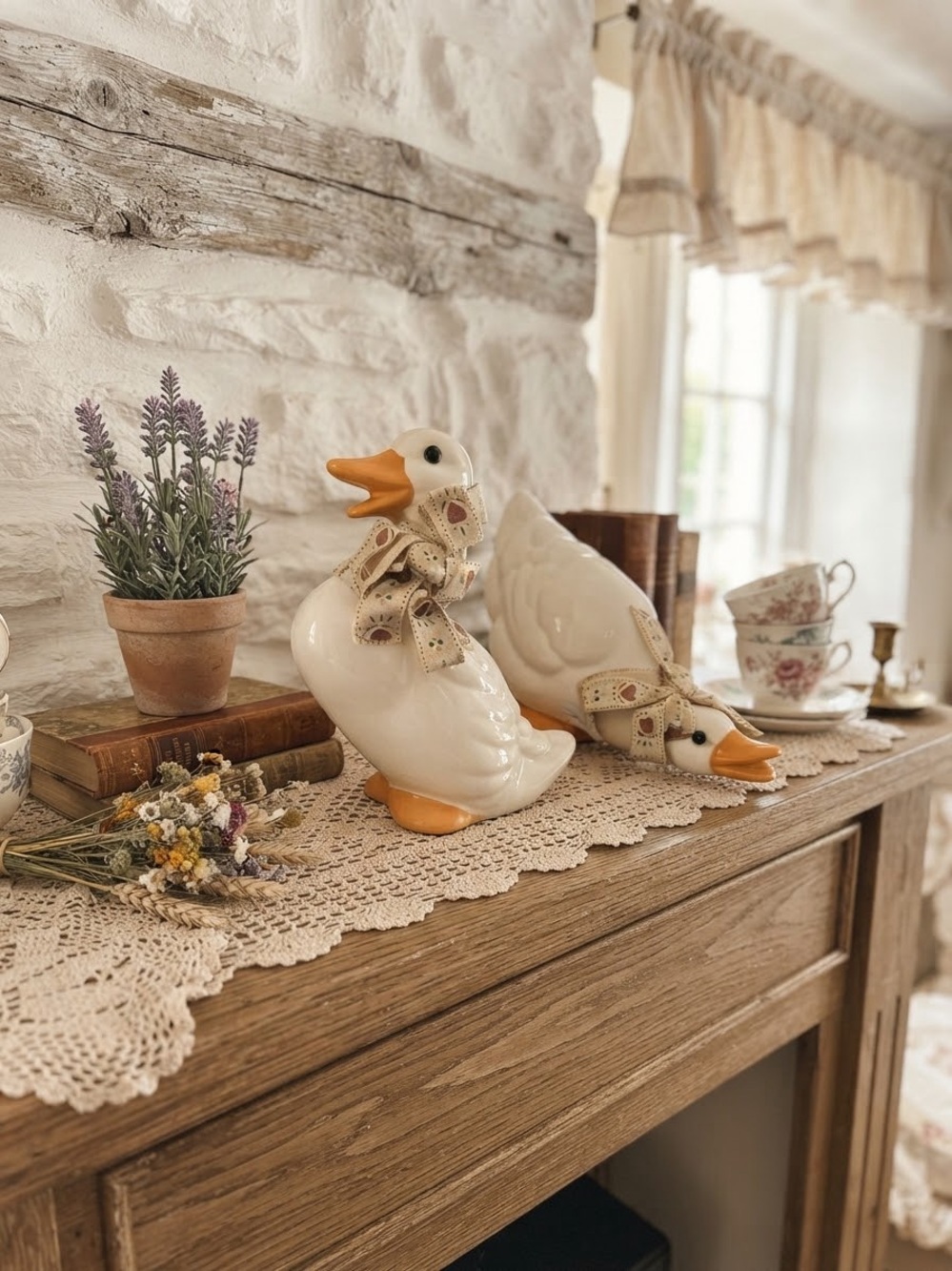 Pair of White & Orange Goose Figurines Decor
